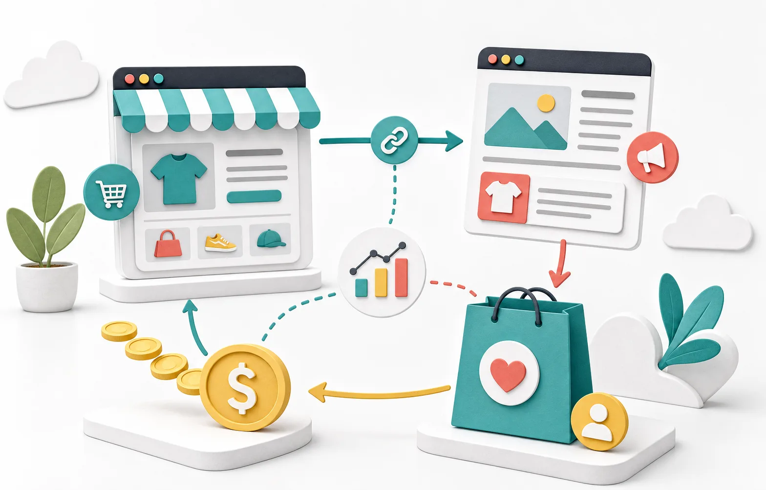 Illustration of an affiliate marketing path connecting a store, publisher page, customer bag, and commission coins